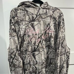 ROMWE Camouflage Hoodie with Pink Text and Ribbon Detail